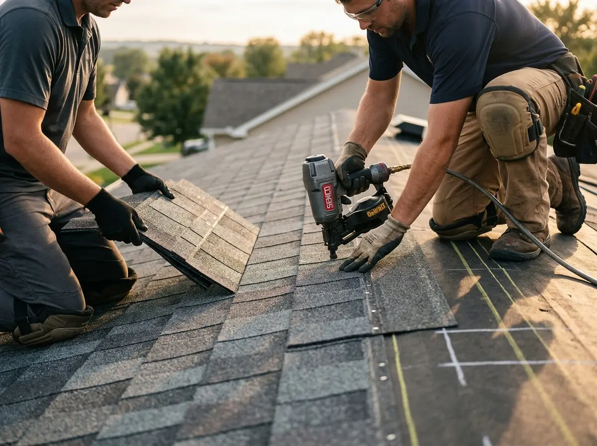 Professional roofer working on a residential roof in Edwardsville